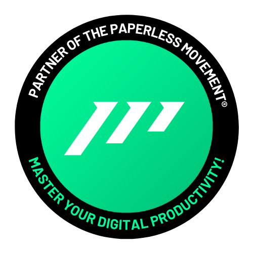 Partner of the paperless movement, master your digital productivity! green badge with Paperless Movement logo in the middle